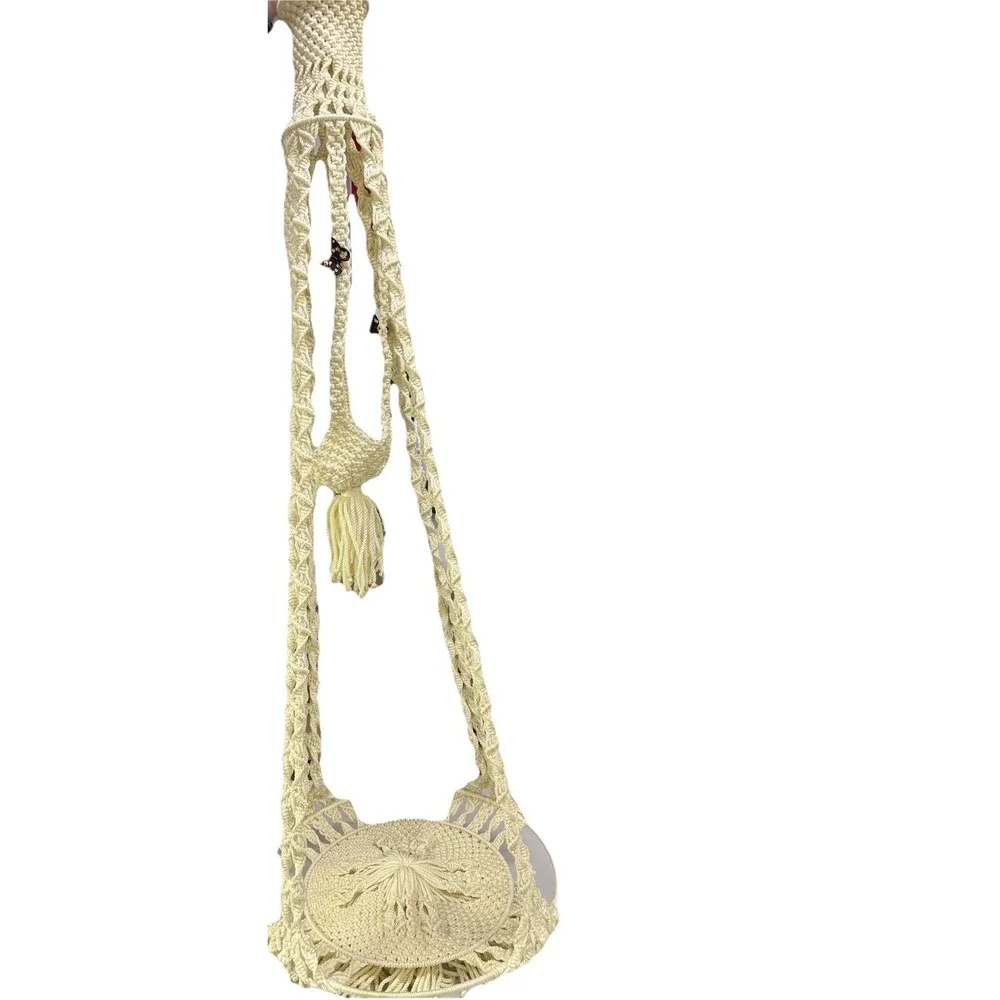 Giant Cream Macrame Plant Hanger Vintage Vibe Boho Hippie Hoop 84